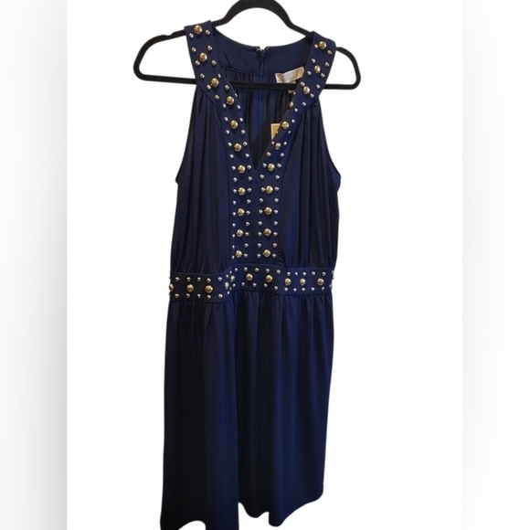 MICHAEL Michael Kors Split Neck Dome Studded Band Mini Dress Navy Gold Sz Large - Picture 2 of 7
